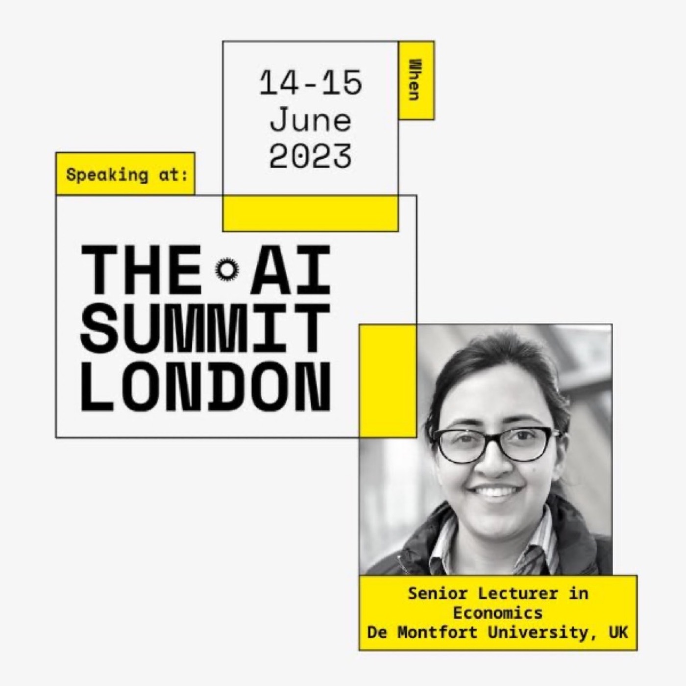Speaker graphic reading 'Speaking at: The AI Summit London, 14–15 June 2023', with a photograph of Dr Swati Virmani.