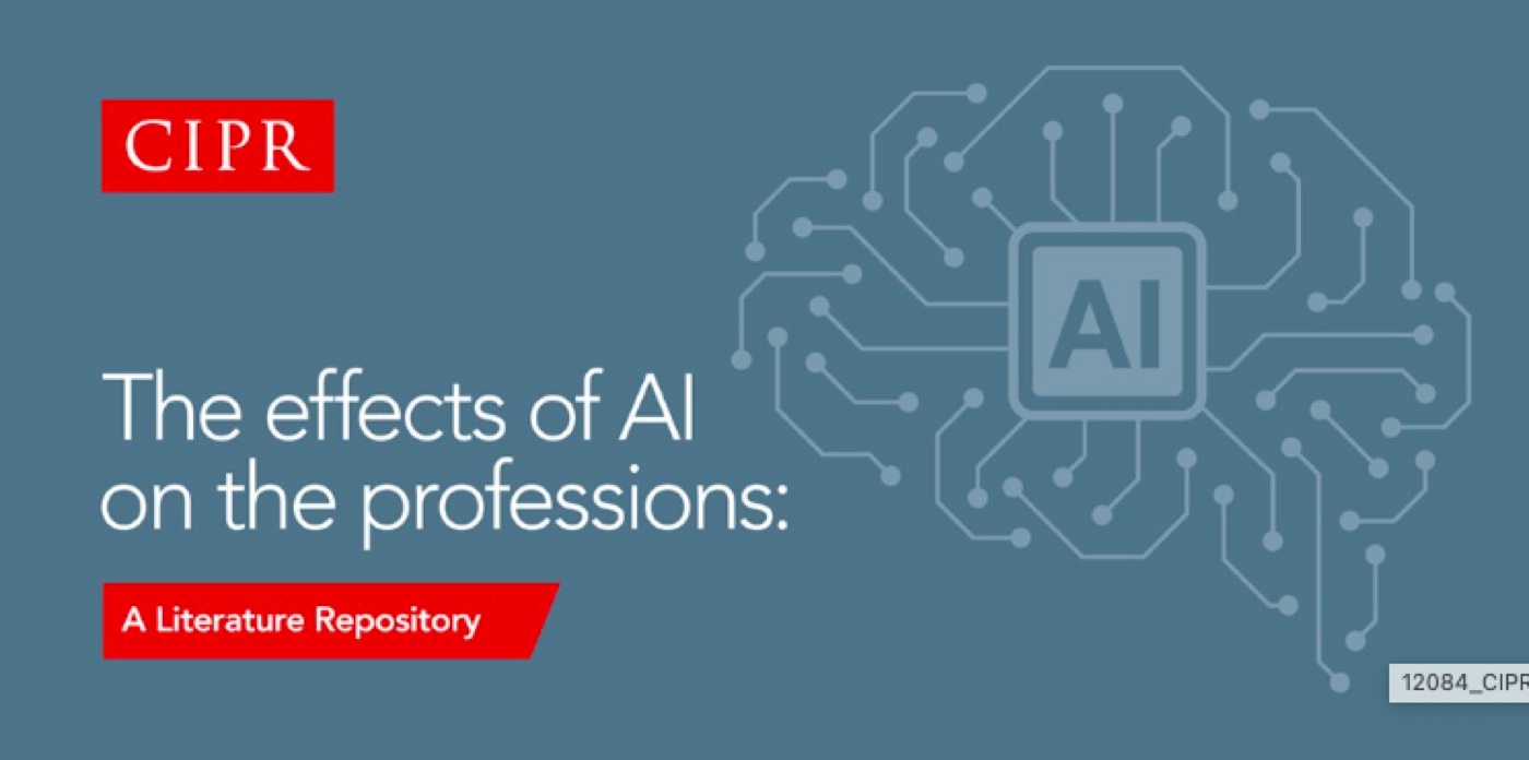 Cover of the CIPR report 'The effects of AI on the professions: a literature repository', with a stylised circuit-board brain graphic.