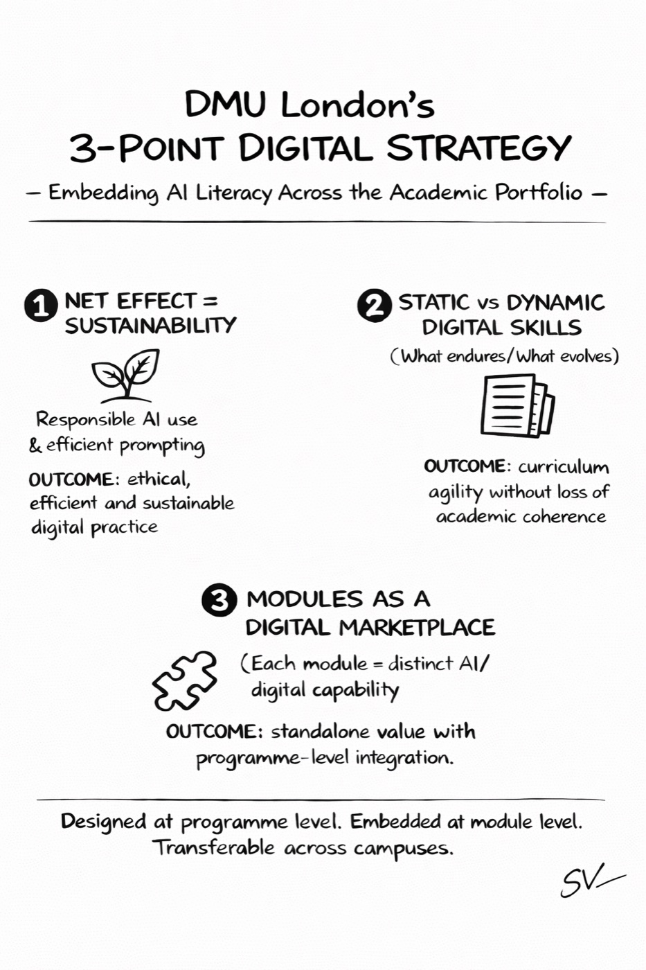 Hand-lettered poster titled 'DMU London's 3-Point Digital Strategy — Embedding AI Literacy Across the Academic Portfolio', setting out three points: Net Effect equals Sustainability; Static versus Dynamic Digital Skills; and Modules as a Digital Marketplace.