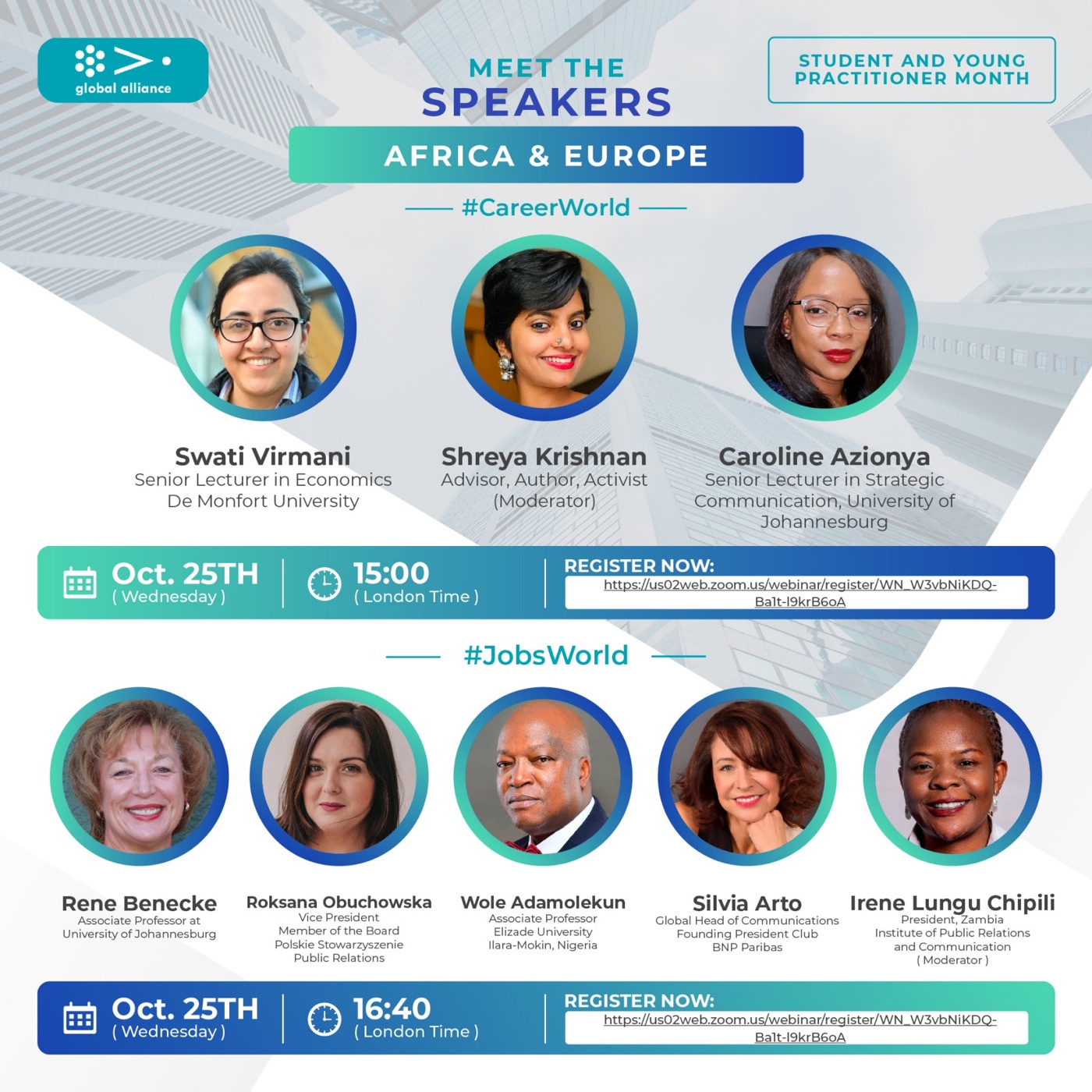 Global Alliance 'Meet the Speakers' graphic for Student and Young Practitioner Month, Africa and Europe, showing the #CareerWorld panel with Swati Virmani, Shreya Krishnan and Caroline Azionya on 25 October at 15:00 London time.