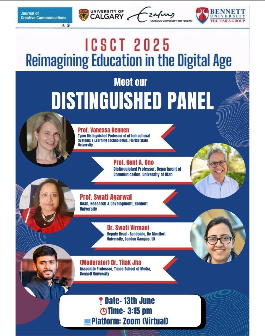 Poster for ICSCT 2025, 'Reimagining Education in the Digital Age', introducing the distinguished panel including Dr Swati Virmani, held on 13 June at 3:15 pm on Zoom.